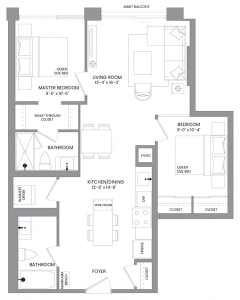 Floor plan for 2 beds, 2 baths, 844 sqft